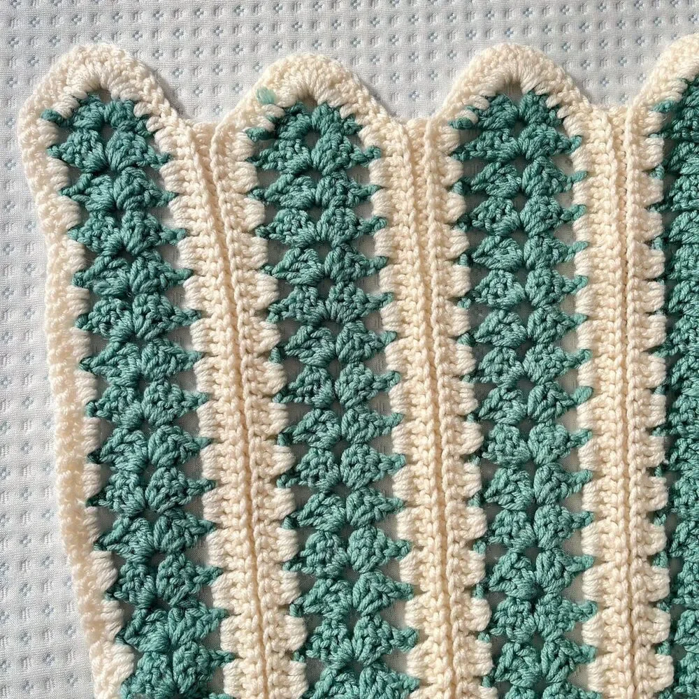Handmade Crochet Striped Large Blanket Green White Afghan Vintage Cottagecore